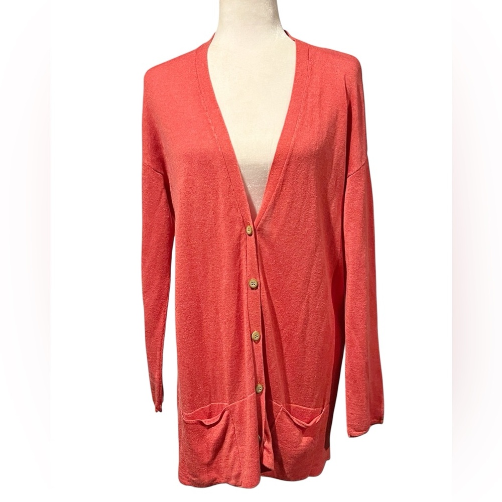 J. Jill V-Neck Button Down Linen Blend Cardigan With Pockets Med Salmon/Pink